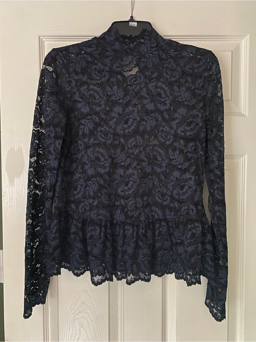 All Saints Navy Lace Long-Sleeve Peplum Blouse